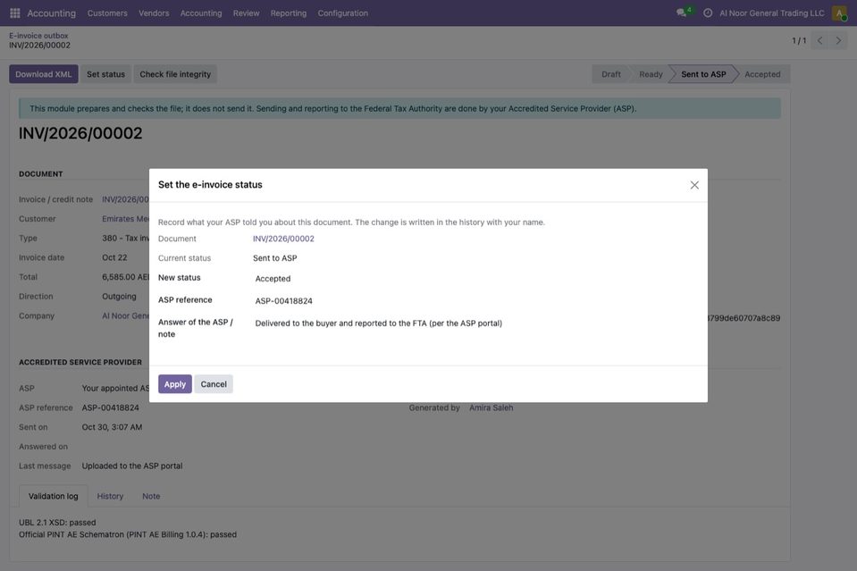 The dialog Set the e-invoice status on INV/2026/00002 (current status Sent to ASP), filled in for the picture with Accepted, the reference ASP-00418824 and the 