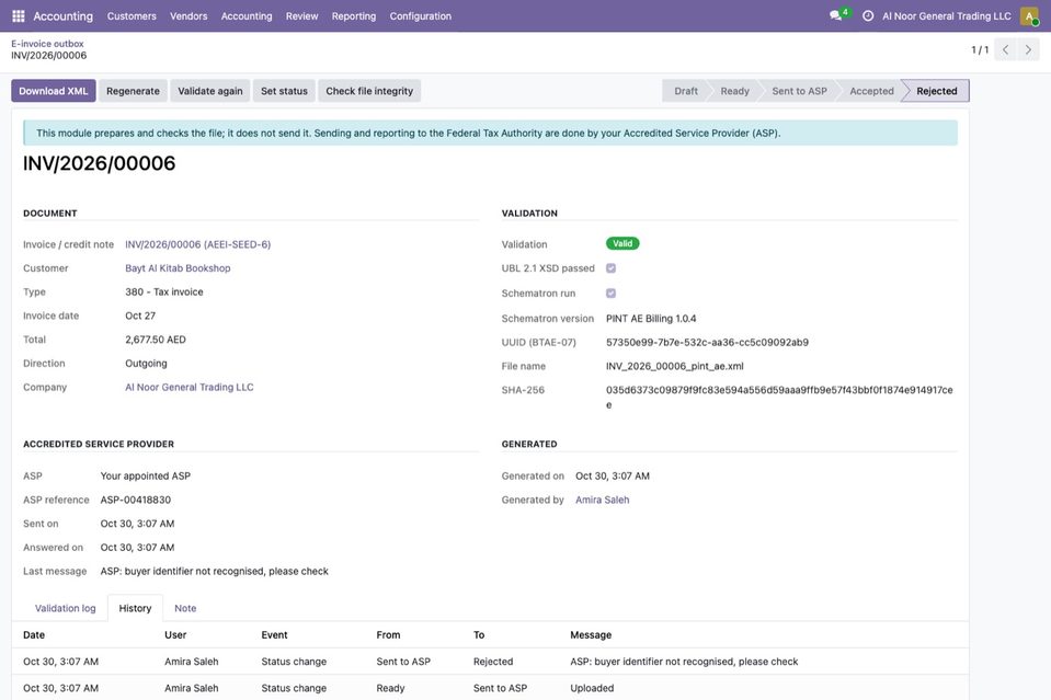 INV/2026/00006 to Bayt Al Kitab Bookshop: Rejected. Its History tab shows the two status changes typed by Amira Saleh: Ready to Sent to ASP (Uploaded), then Sen
