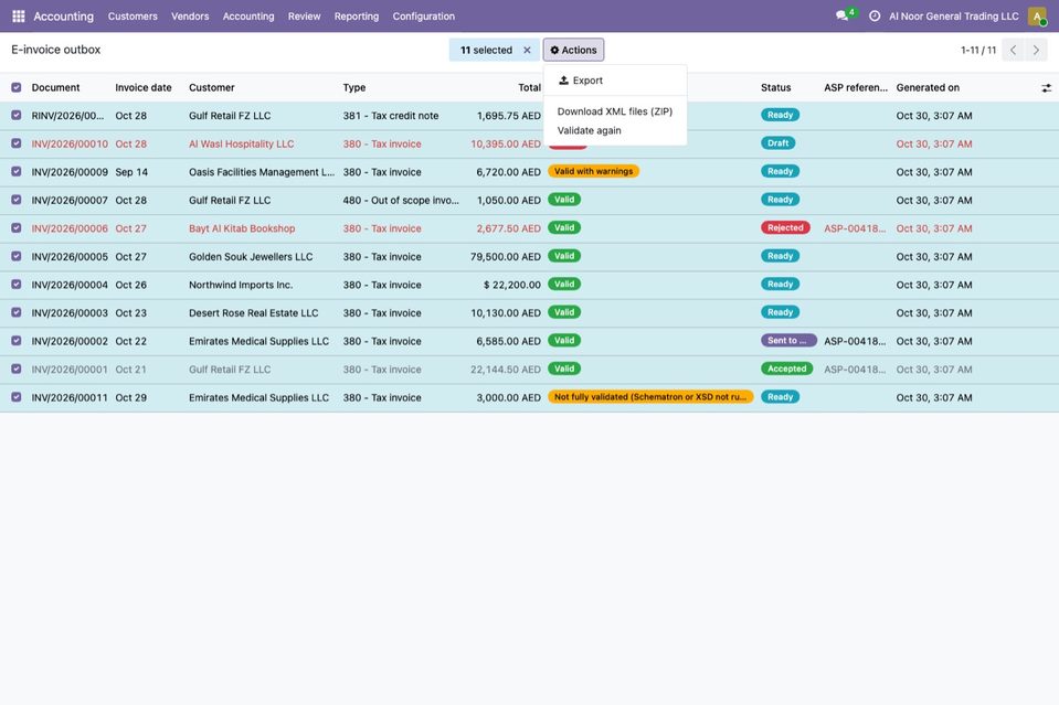 The outbox with its eleven documents selected and the Action menu open: Export, Download XML files (ZIP) and Validate again.