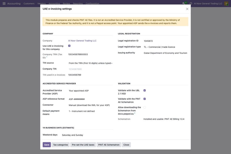 The settings of Al Noor General Trading LLC: UAE e-invoicing on, TRN 100345678900003, TIN from the TRN (1003456789), trade licence 1045872 issued by the Dubai D