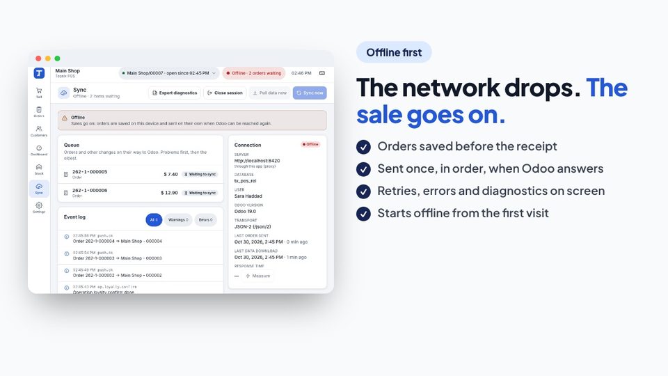 Sales saved on the device while offline and sent to Odoo when the connection returns
