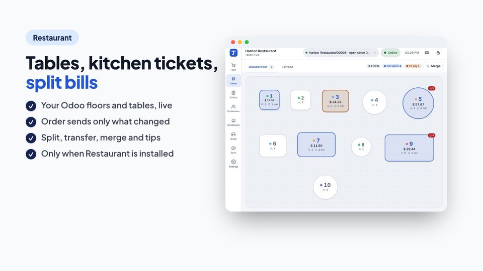 Restaurant floor plan with tables, kitchen tickets and split bills