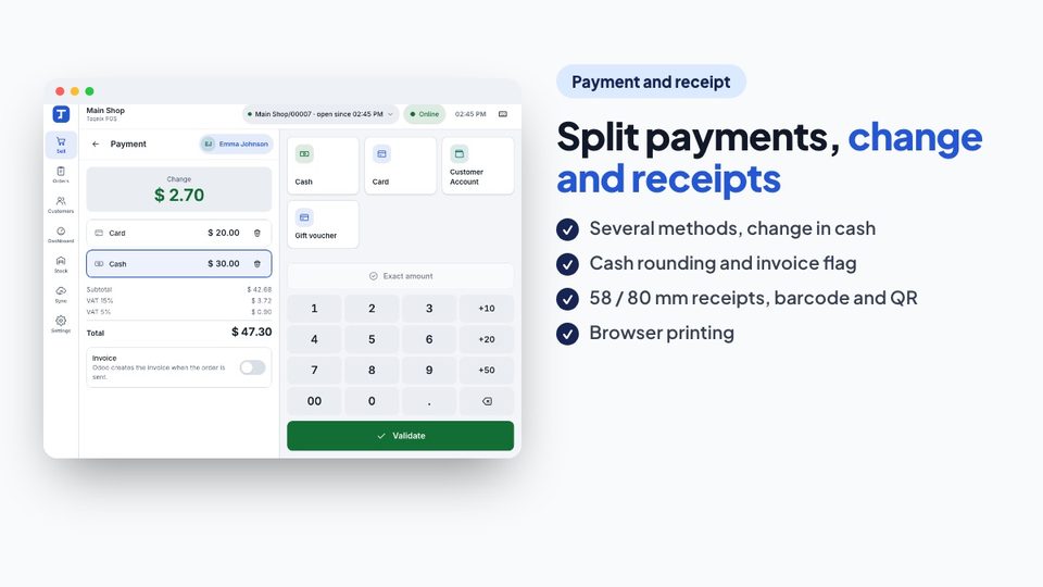 Split payment with card and cash, change due and receipt