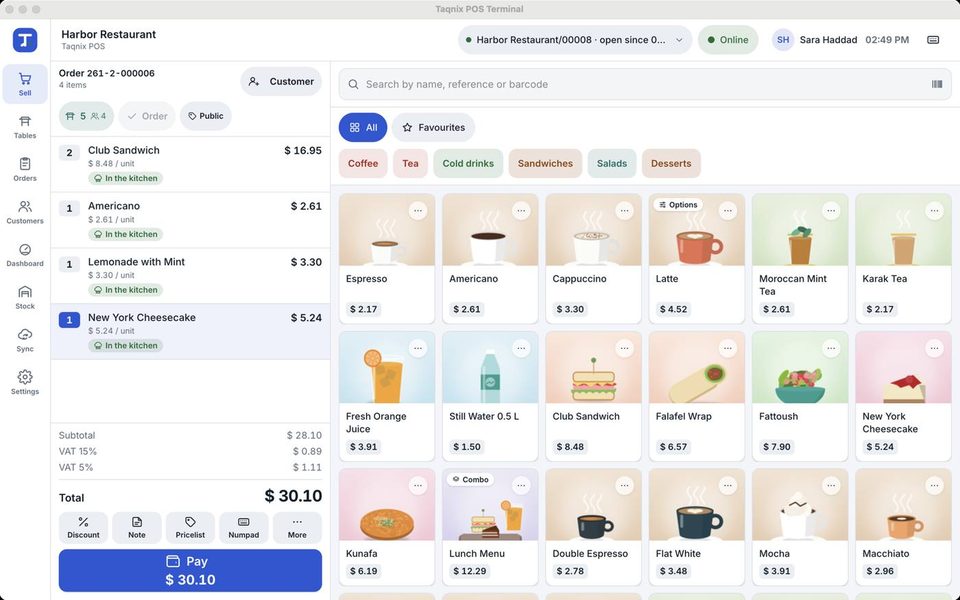 The restaurant point of sale on table 5 in an installed app window titled Taqnix POS Terminal, with no tabs and no address bar.