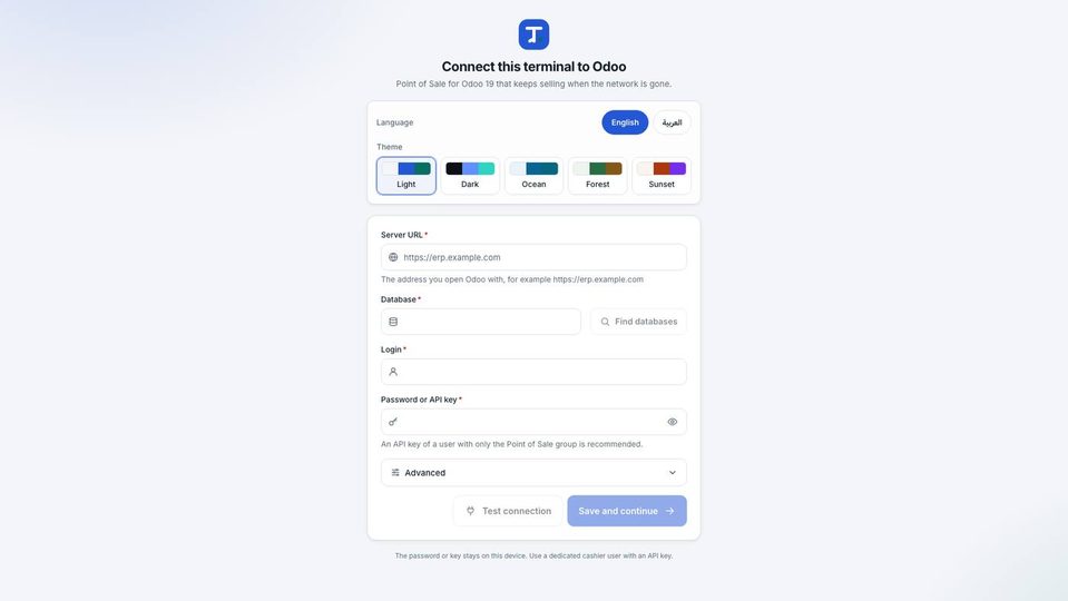 The Setup screen: language and theme chips, Server URL, Database, Login, Password or API key, Advanced, Test connection, Save and continue.