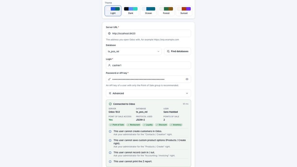 The report: Connected to Odoo (85 ms), Odoo 19.0, user Sara Haddad, JSON-2, 2 points of sale, five apps found, four notes about missing rights.