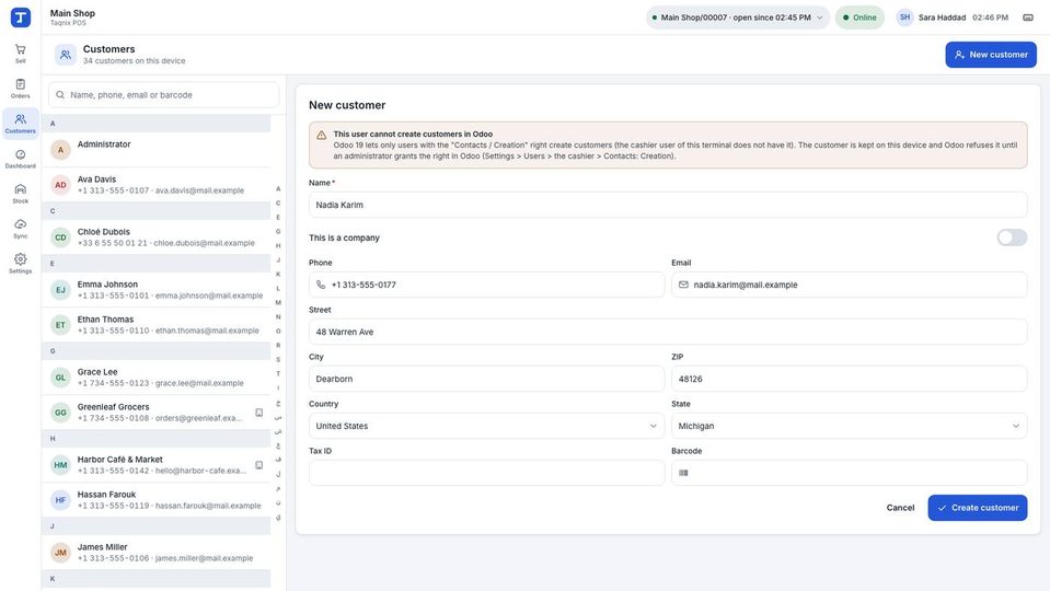 The New customer form, with a red box: this user cannot create customers in Odoo.