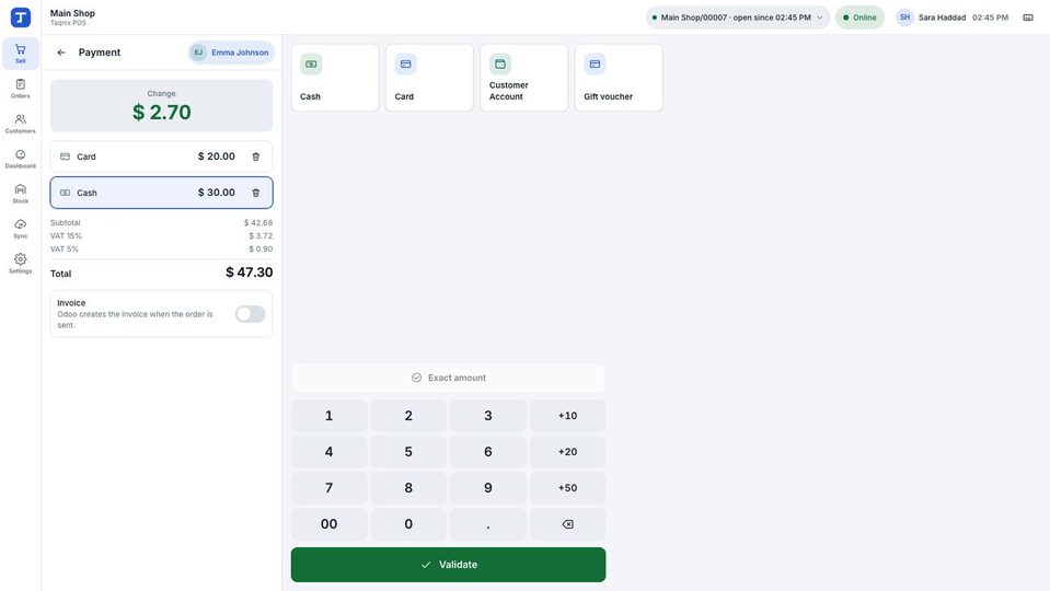 Payment of 47.30: Card 20.00 and Cash 30.00, Change 2.70, the Invoice switch, method tiles, Exact amount, the keypad and Validate.