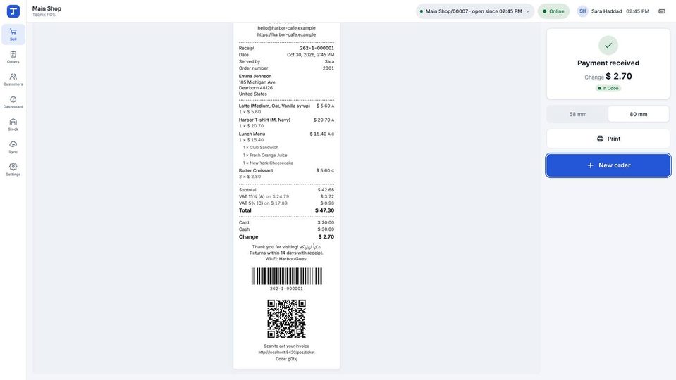 Receipt 262-1-000001, 80 mm: tax letters A and C, VAT 15% (A) on 24.79 = 3.72, VAT 5% (C) on 17.89 = 0.90, total 47.30, change 2.70, barcode, QR; on the right I