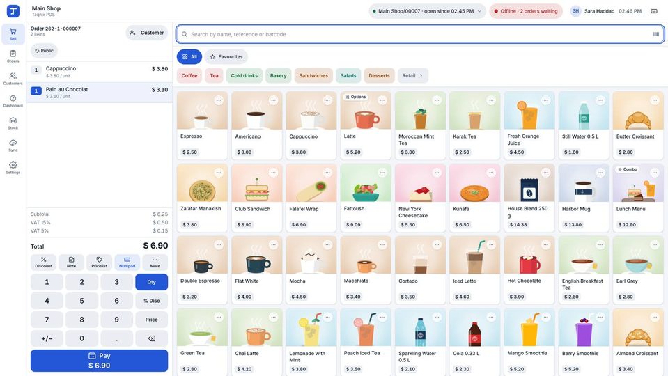 Main Shop offline: “Offline · 2 orders waiting” in red, and a new order built as usual.