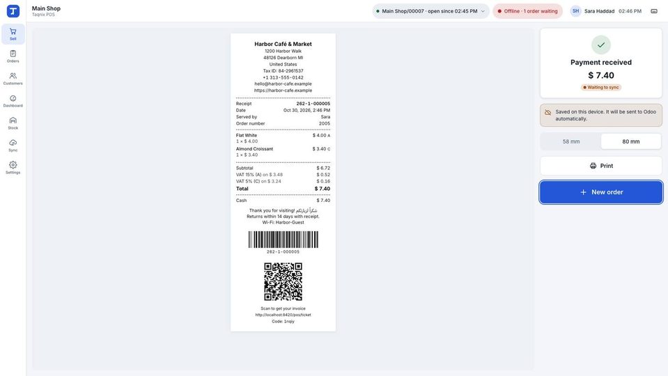 An order made offline (cash 7.40): badge Waiting to sync and “Saved on this device. It will be sent to Odoo automatically.”