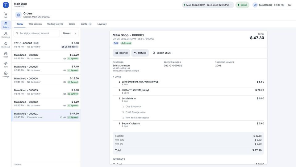 Orders of Main Shop: six tabs, 7 orders, the detail of Main Shop - 000001 (47.30, Paid, Synced) with Reprint, Refund and Export JSON.