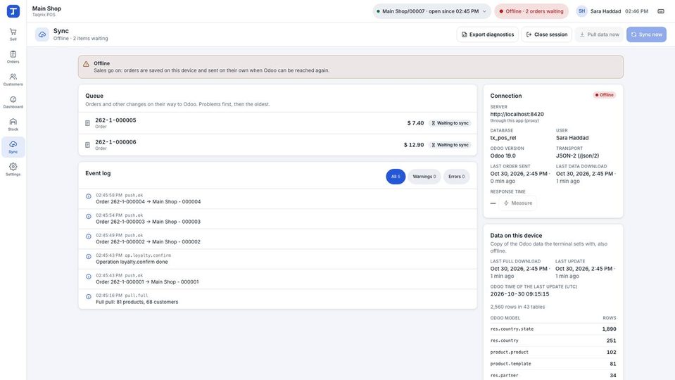 Sync offline (“Offline · 2 items waiting”): Queue with 262-1-000005 (7.40) and 262-1-000006 (12.90), Event log, Connection, Data on this device (2,560 rows in 4