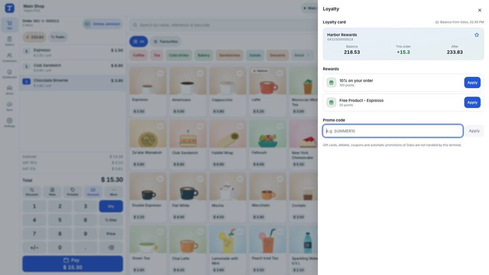 Loyalty panel for Emma Johnson: Harbor Rewards balance 218.53, this order +15.3, after 233.83; two rewards with Apply; a Promo code field.
