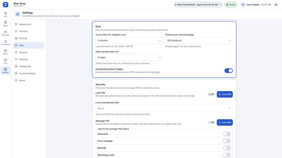 Settings, Data: every 5 minutes, 200 products per page, orders kept 14 days; below, the Security card.