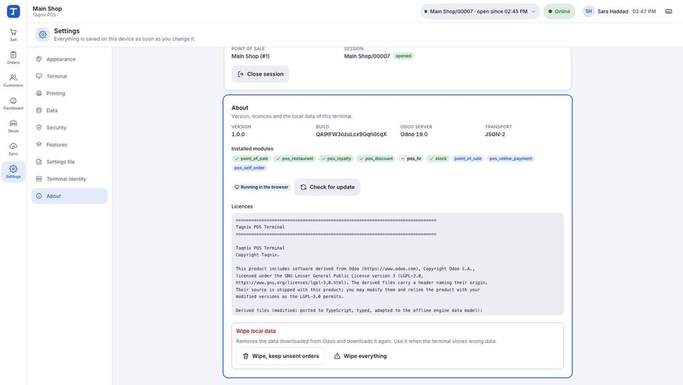 Settings, About: version 1.0.0, Odoo 19.0, JSON-2, installed modules, Check for update, licences, Wipe local data.