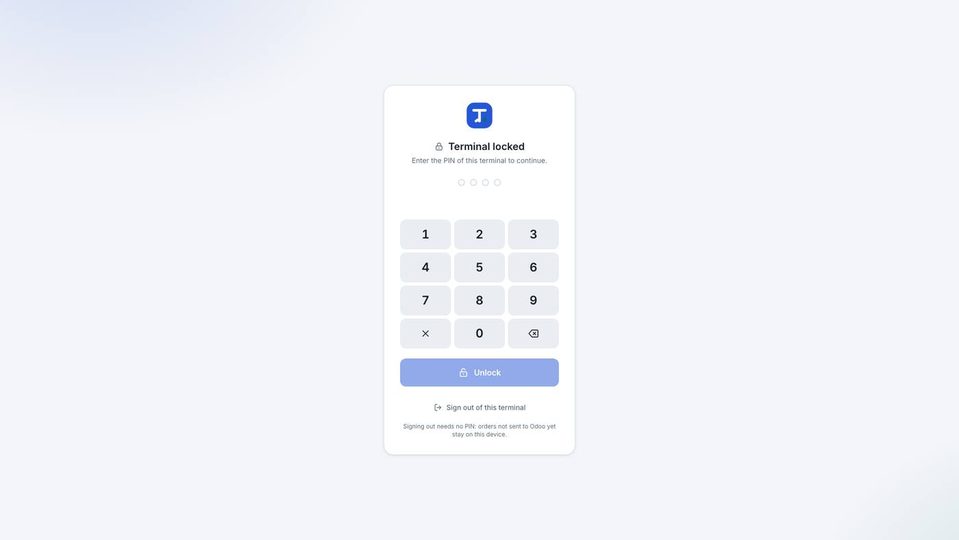The lock screen: “Terminal locked”, keypad, Unlock, and Sign out of this terminal.