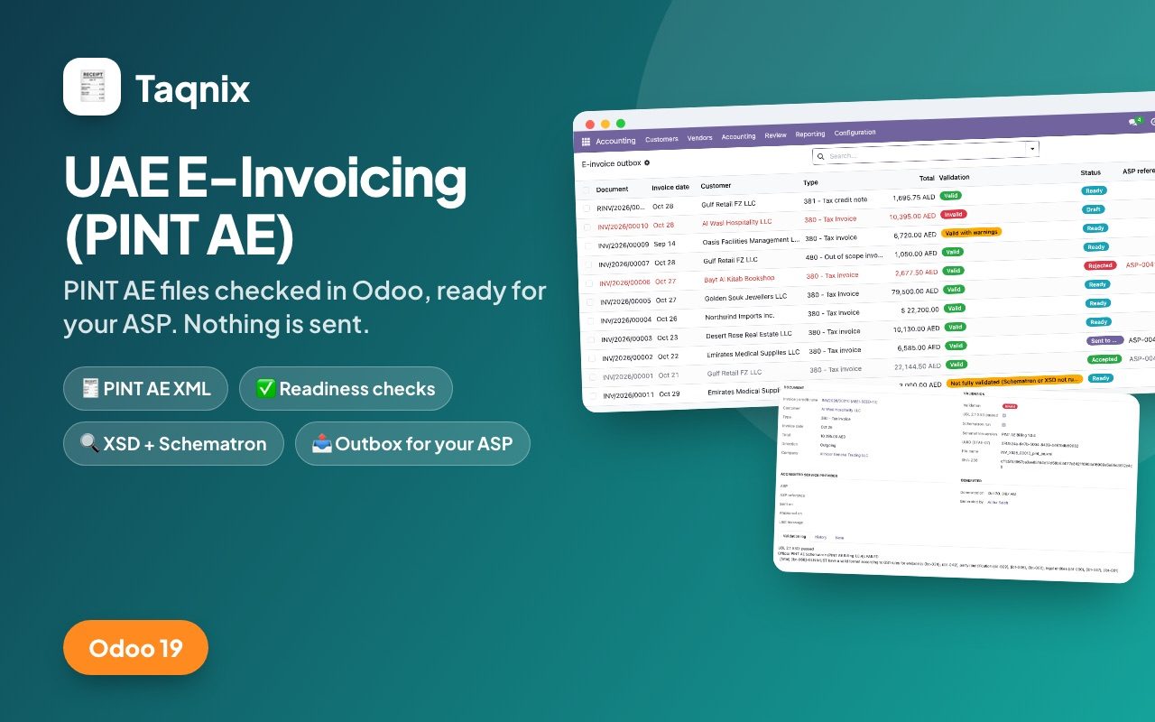 UAE E-Invoicing (PINT AE) for Odoo 19 Community – PINT AE XML for Your ASP, Readiness Checks, UBL XSD and Schematron Validation, E-Invoice Outbox cover